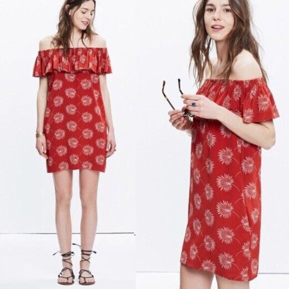 Madewell 100% Silk Palmflower Off The Shoulder Ruffle Mini Dress M $150 Rust - Picture 2 of 16